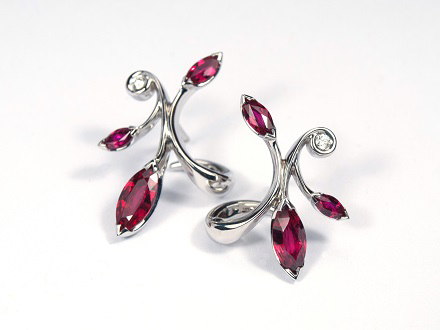 Floral platinum earrings with Marquise cut rubies
