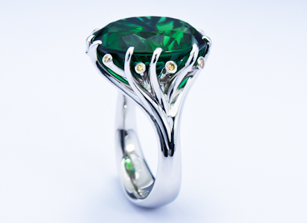 Summer Meadow cluster platinum ring with emerald green tourmaline and diamonds