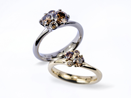 Spring Meadow rings, in Fairtrade gold with round brown brilliant cut diamonds