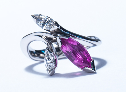 Large Floral platinum ring with marquise cut pink sapphire and diamonds