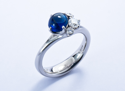 Spring Meadow platinum ring with cabochon blue sapphire and diamonds